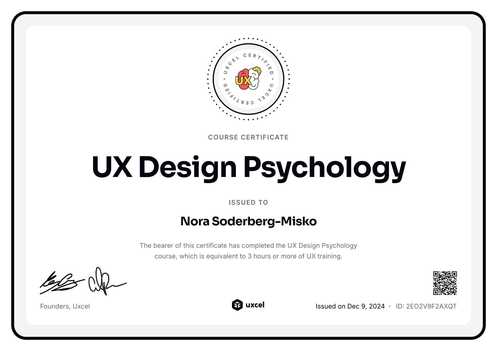 Nora Soderberg-Misko's certificate